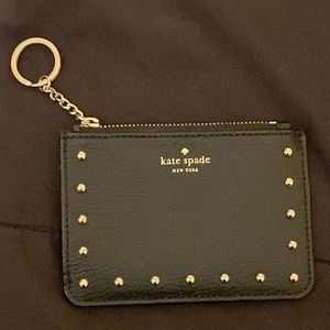 Kate Spade Black Pebbled Leather Gold Studs Card/Coin Zippered Wallet Key Chain